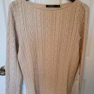 Lauren by Ralph Lauren Women's Cable Knit Cotton Sweater, Beige, Size Large (L)